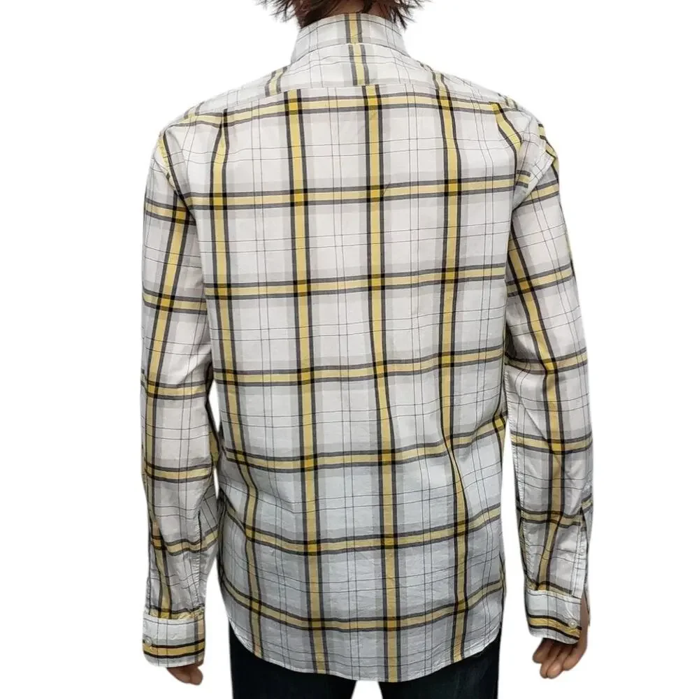 J. Crew NY Light Weight Shirt Slim Fit Men L Button Down White Yellow Navy Plaid